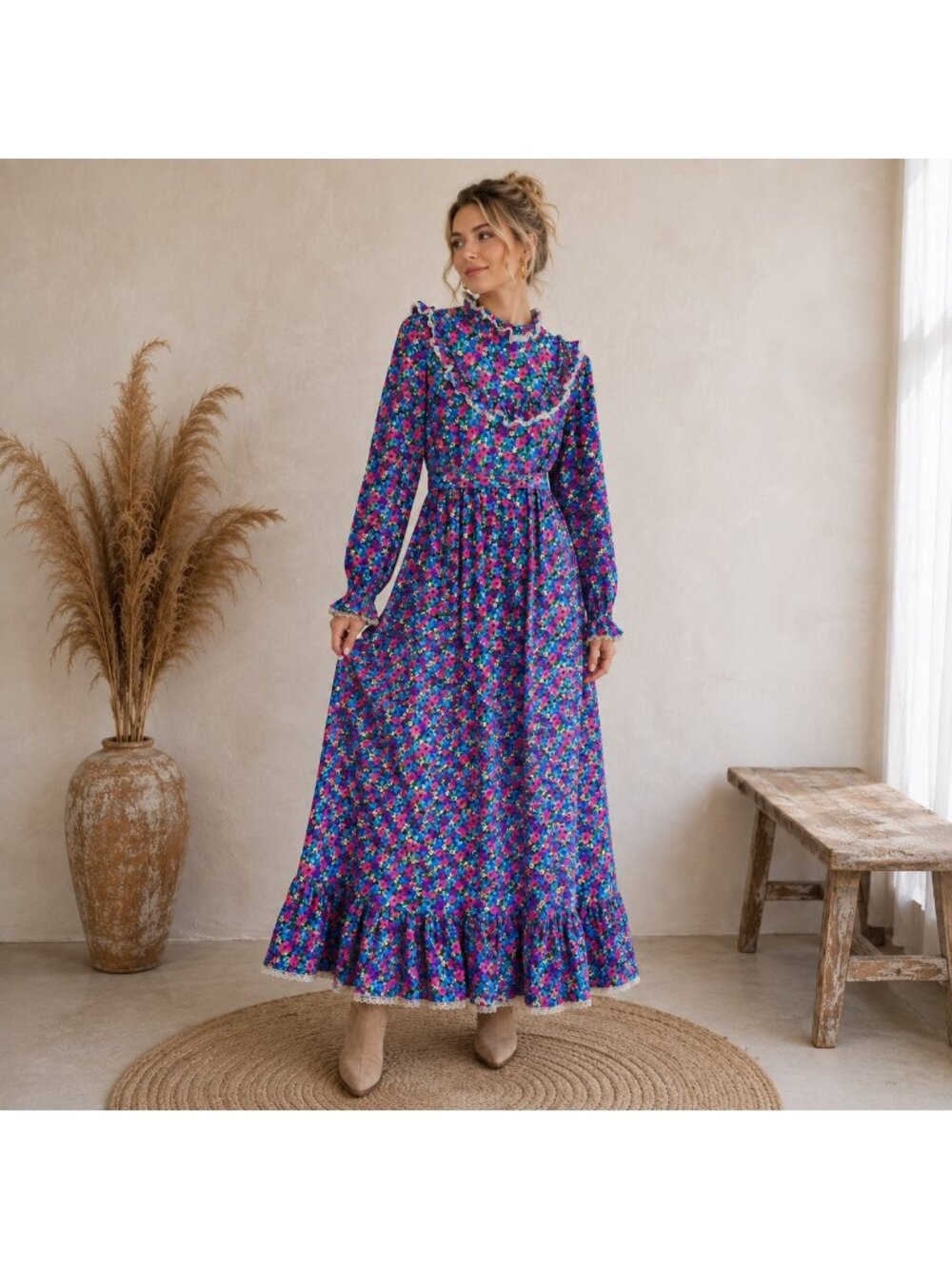 Vintage Floral Hot Pink Blue Maxi Prairie Dress S